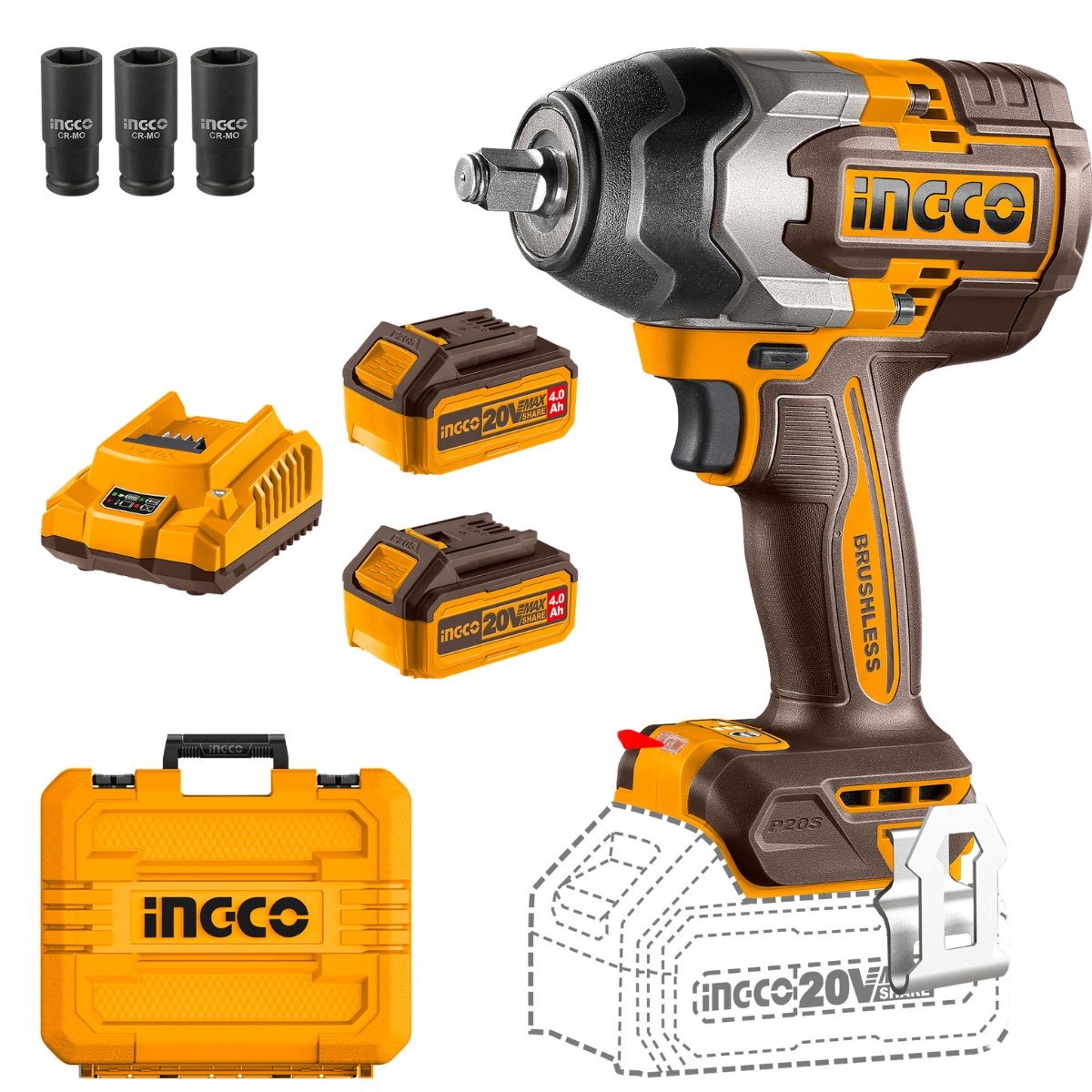 INGCO IMPACT WRENCH CORDLESS 850NM WITH 2 BATTERIES & CHARGER